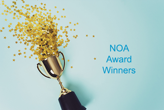 Gold trophy with gold star confetti pouring out of the top on light blue background with title NOA Award Winners