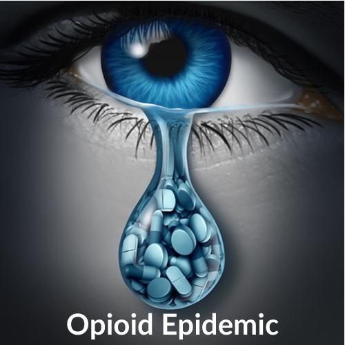 [Visual] close up of woman's blue eye with a blue tear drop falling from eye full of pills and capsules with words "OPIOID EPIDEMIC" beneath